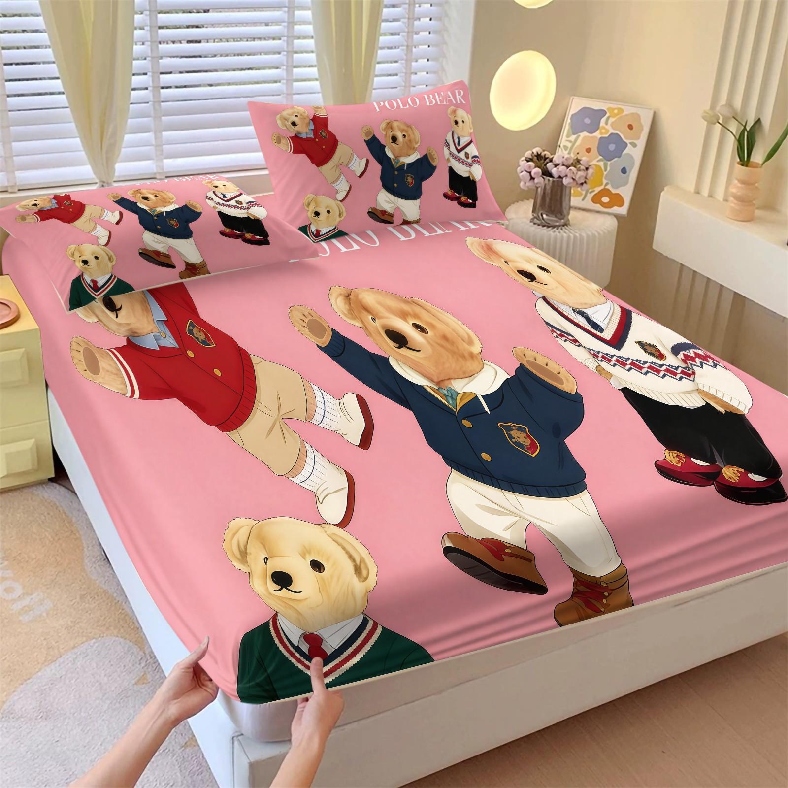 3-Piece Trendy Teddy Bear Patterned Bed Sheet, Soft And Durable Bedding Set Including 1 Bed Sheet And 2 Pillowcases, Suitable For Daily Holiday, Birthday, Gift, Bedroom Decoration For Children And Adults