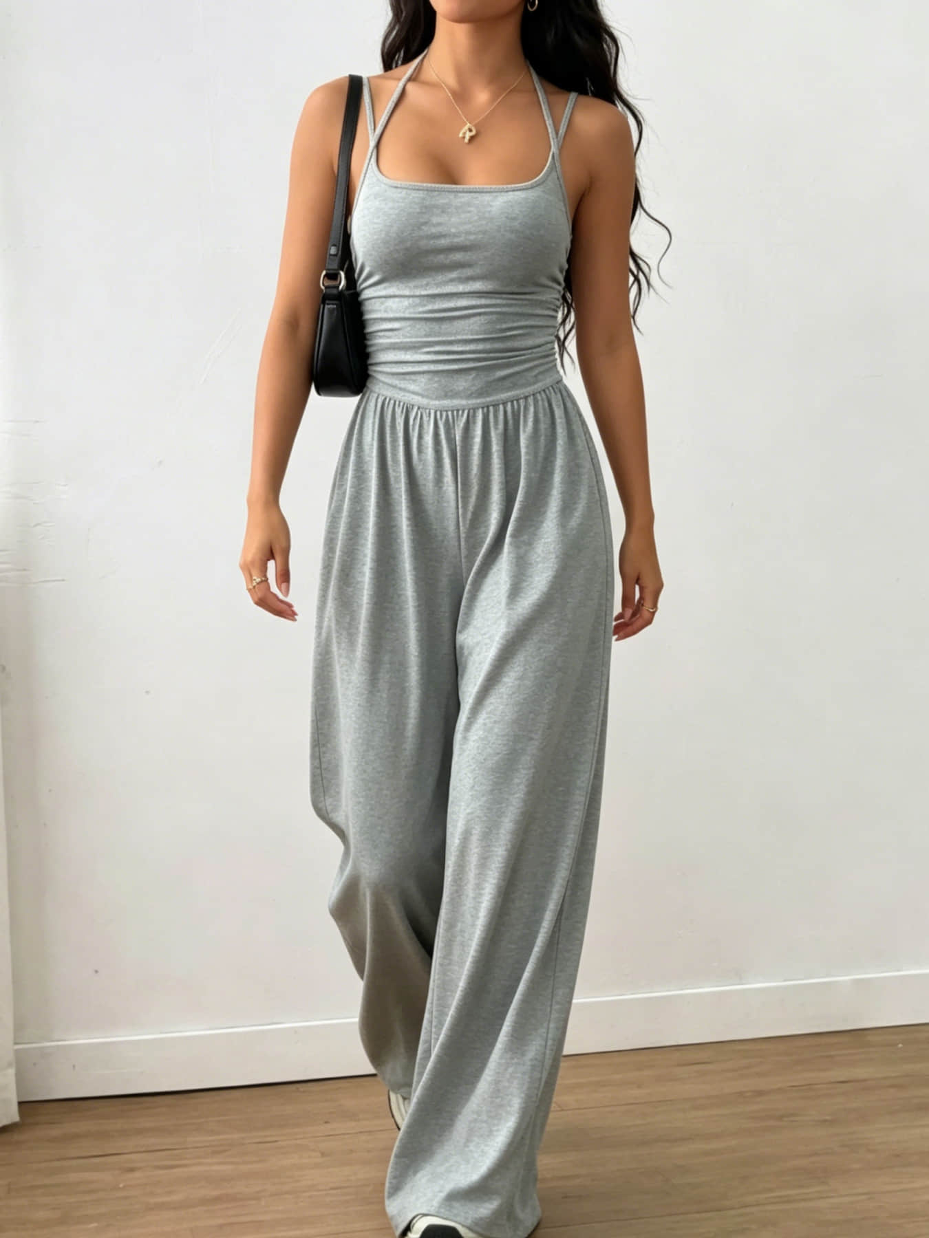 Summer New Fashion Women's Wear Design Double Fine Shoulder Strap One-Piece Wide Leg, Pleated Waist Design, Suitable for Commuting, Daily Wear, Vacation, Home, and Outdoor Adventures