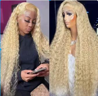 613 Honey Blonde Color Lace Frontal Wig Water Curly HD Transparent Brazilian Remy  Deep Wave Front Synthetic Fiber Hair Wig for European and American Women