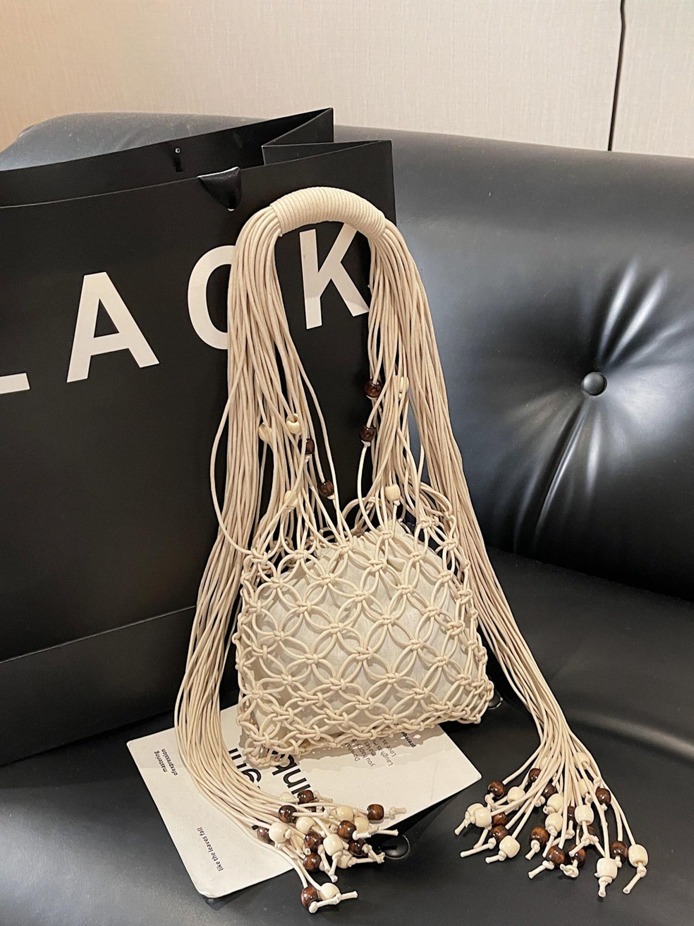 1pc Boho Macrame Fringe Shoulder Bag for Women, Handwoven Beaded Net Tote with Drawstring Lining, Summer Beach Woven Hobo Handbag