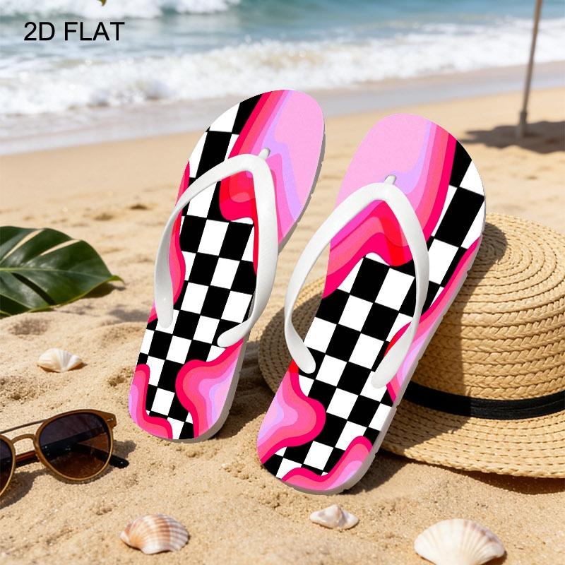2026 Summer New Women'S Flip Flops, Open Toe, Flat Heel, Minimalist Style, Multiple Colors&Sizes Available, Dry Clean, All - Season, Perfect for Mother'S Day, Easter, Holiday Gift, Wavy Pink Purple Shapes, Modern Vibrant Design, Women Shoes