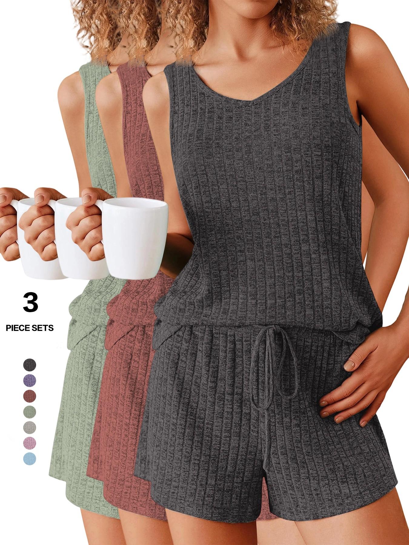 Women's 2-Piece Sleeveless Summer Pajamas Set, Ribbed Knit Tank & Shorts, Casual Fitted Elastic Design, Solid Color Loungewear
