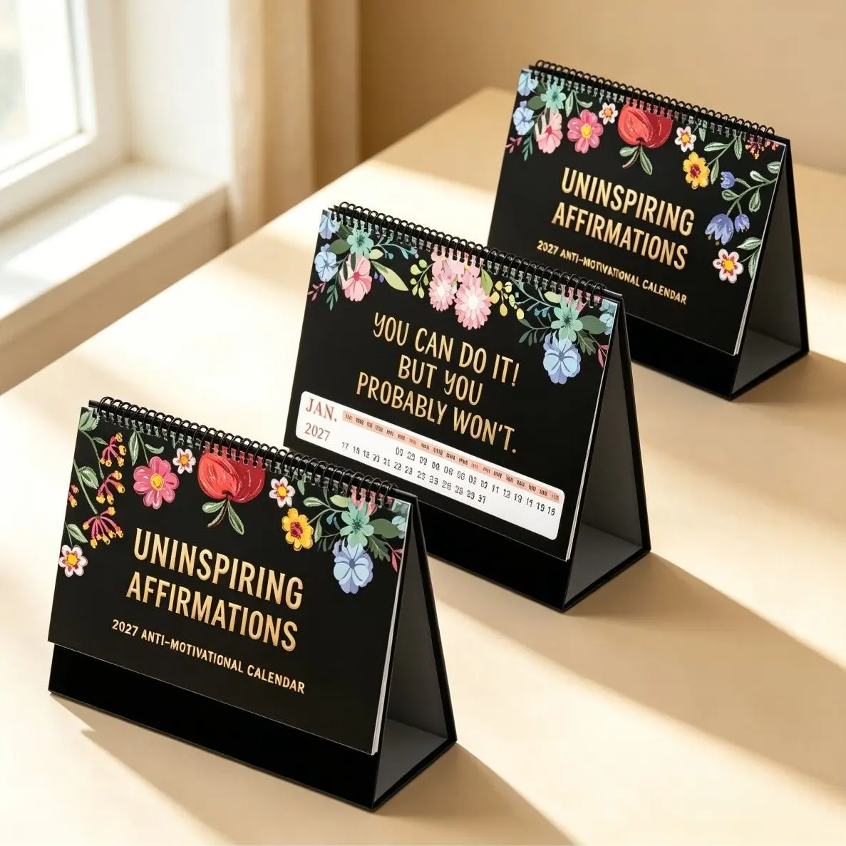 1-Piece 2027 Floral Sarcastic Desk Calendar for Women Simple Snarky Style Large Floral Print + Snarky Quotes + Date Marking + 2 Sizes Available (14×25cm / 18×21cm) for Tired Women / Desk Decor / Stress Relief Gift