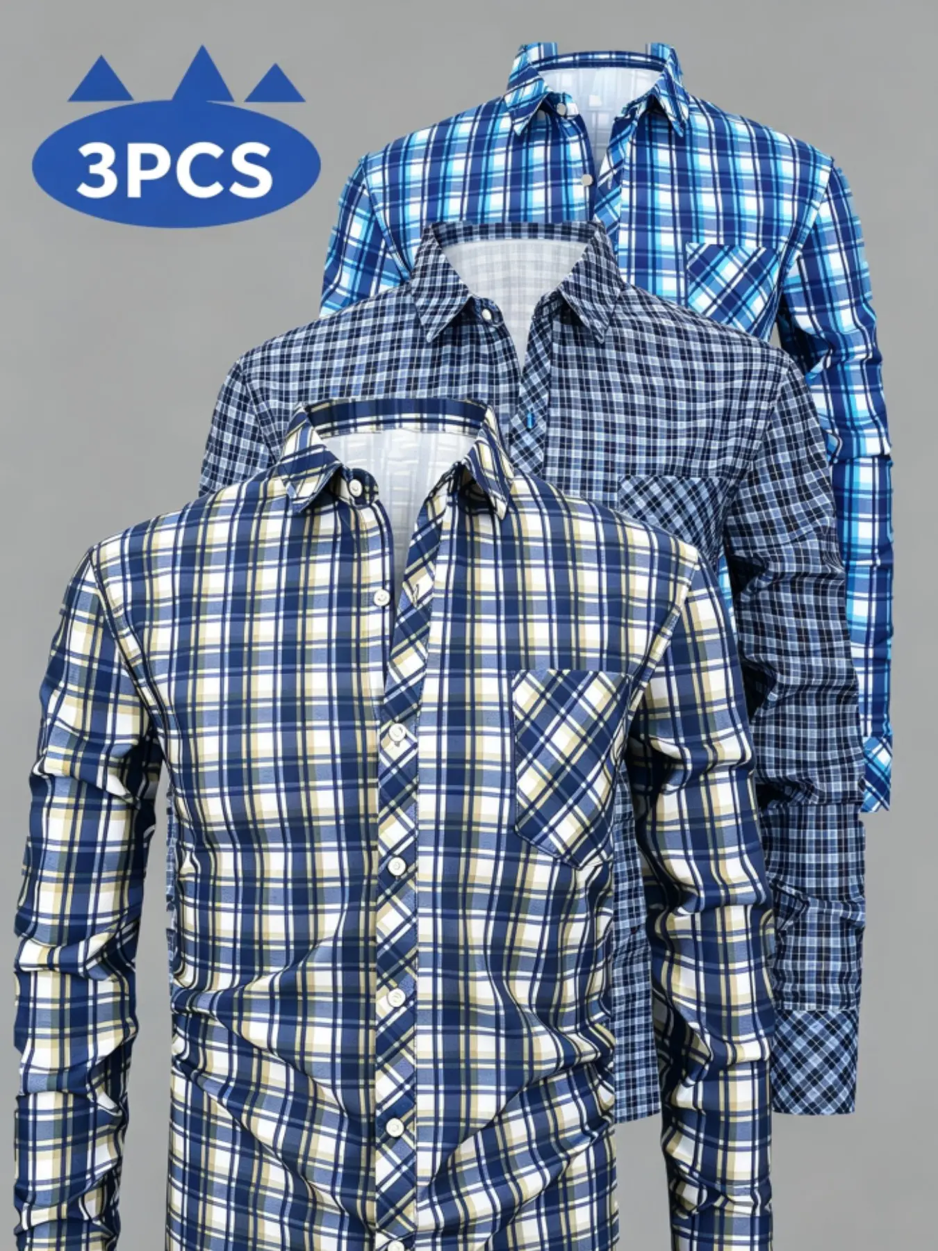 3 Piece Set Men's Long Sleeve Plaid Shirts, Blue Color Block Pattern, Casual Loose-Fit Top, Breathable Fabric, Daily Wear