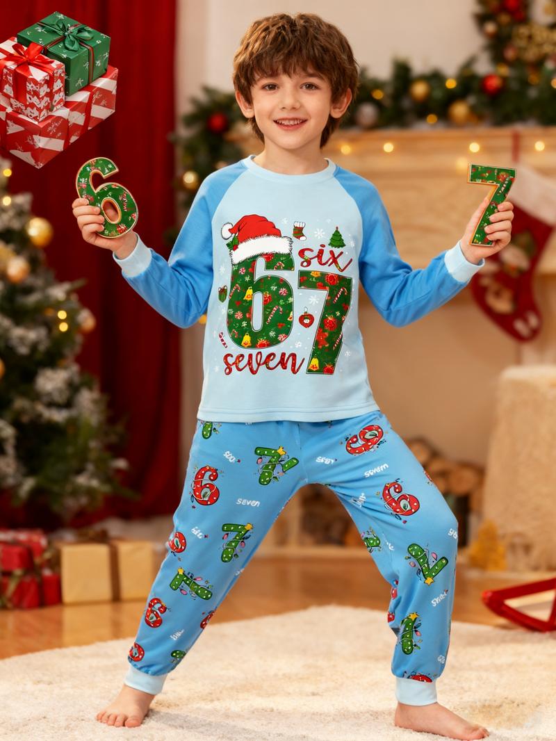 Kids' Christmas Santa Hat Print Pajama Set, Comfortable Soft Pajama Set For Holiday Gift Essential, Cartoon Print Pajama
