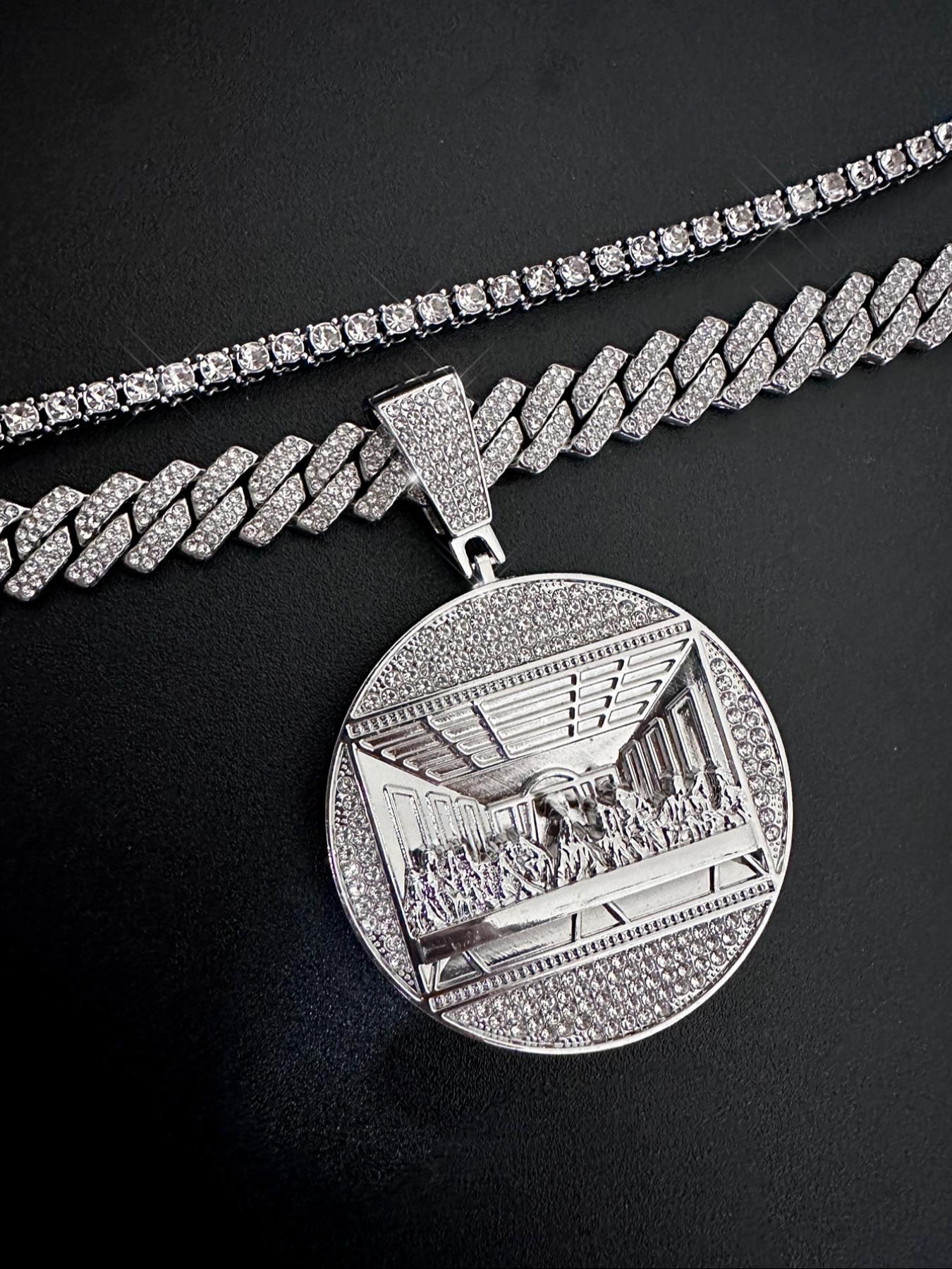 2Pcs/3Pcs Hip Hop Last Supper Pendant Big Jesus Iced Out Golden Cuban Link Design Charm Necklace Fashion for Men Gift for My Men Hip Hop Accessory