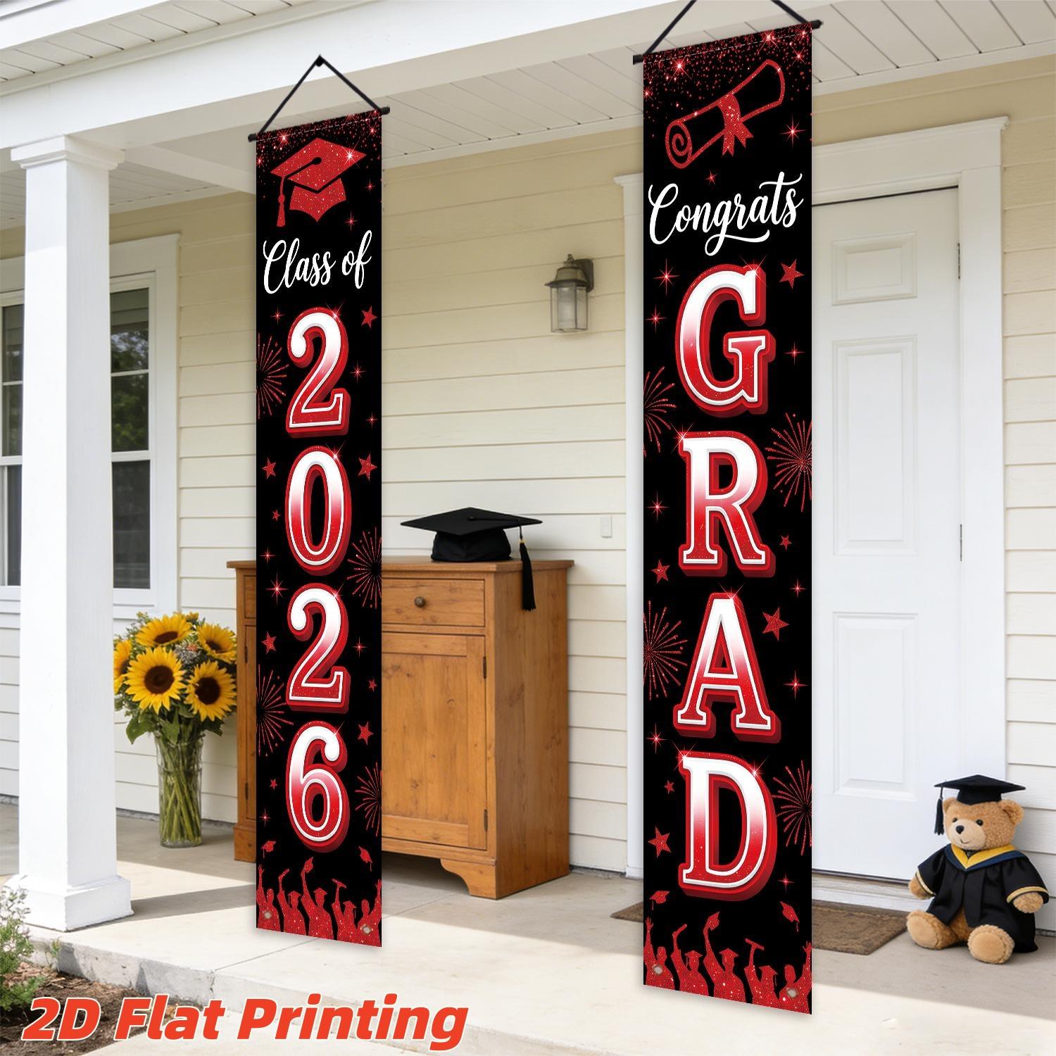2dflat2 Graduation Banner Set, Gold Glitter, Cap & Diploma Elements, Perfect for 2026 Graduation Celebration, Campus Event Decor