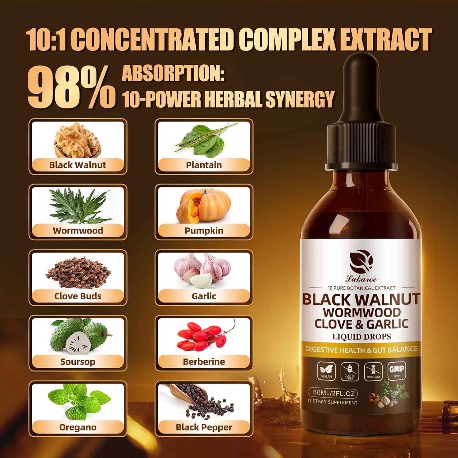 Lukaree Rapid Gut Cleanse Digestive Health Supplement with Black Walnut Wormwood Tincture 10:1 Ultra-Concentrated Liposomal Delivery Vegan Gluten-Free 60mL - Fitness