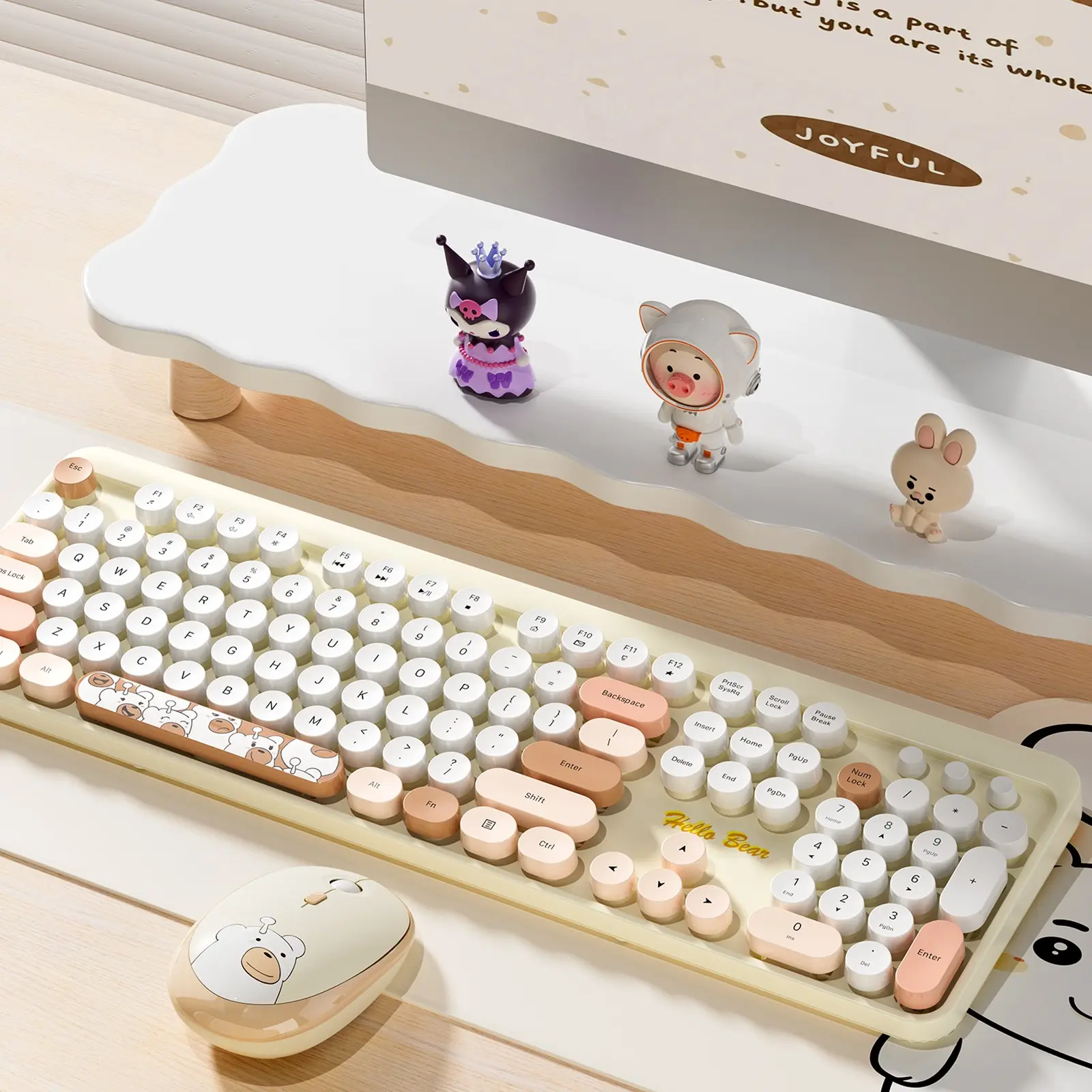 GEEZER Milk‑Coffee Bear Cartoon Retro Round Keycaps 2.4G Wireless Keyboard and Mouse Combo, Compatible with Desktop & Laptop for Office Use