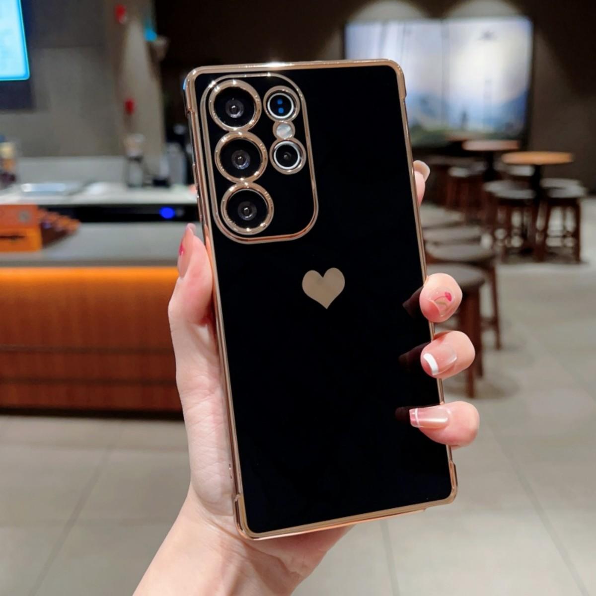 Electroplated Solid Heart Phone Case Cover for Samsung Galaxy S26 S25 S24 S23 S22 S20 Fe S21 Ultra S22 Plus, Multiple Colors Available