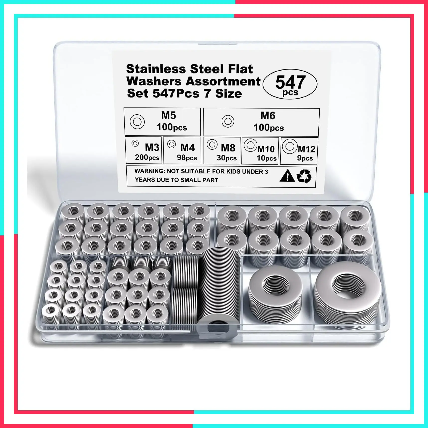 Stainless Steel Flat Washers Assortment, 18-8 (304) Stainless Steel, 547-Piece Set, Metric Sizes M3-M12 (3mm, 4mm, 5mm, 6mm, 8mm, 10mm, 12mm) with Plastic Storage Case