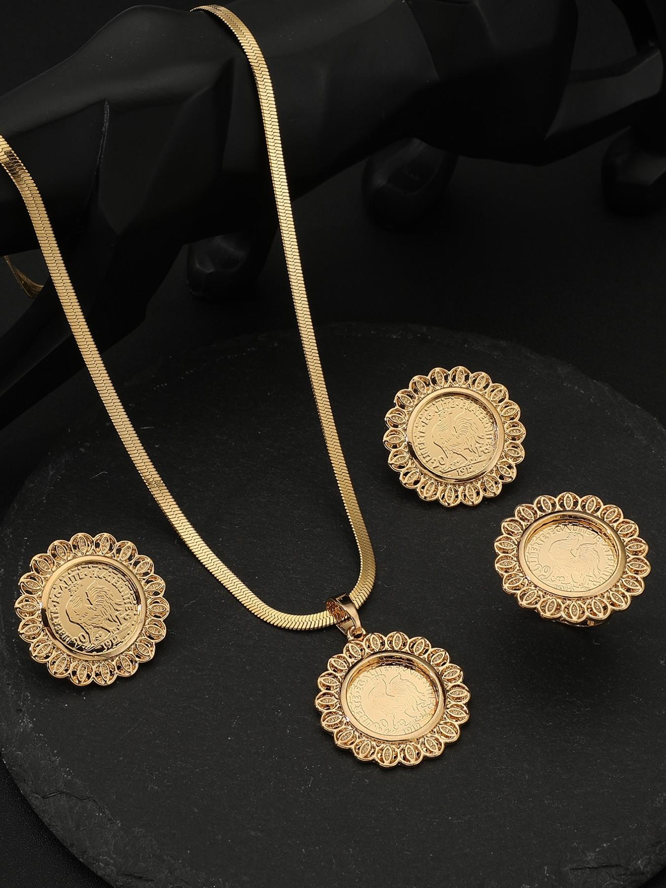 Luxury Vintage Gold Coin Set, Middle Eastern Style Necklace Earrings Ring, Bridal Wedding Jewelry, Casual All-Season Accessories