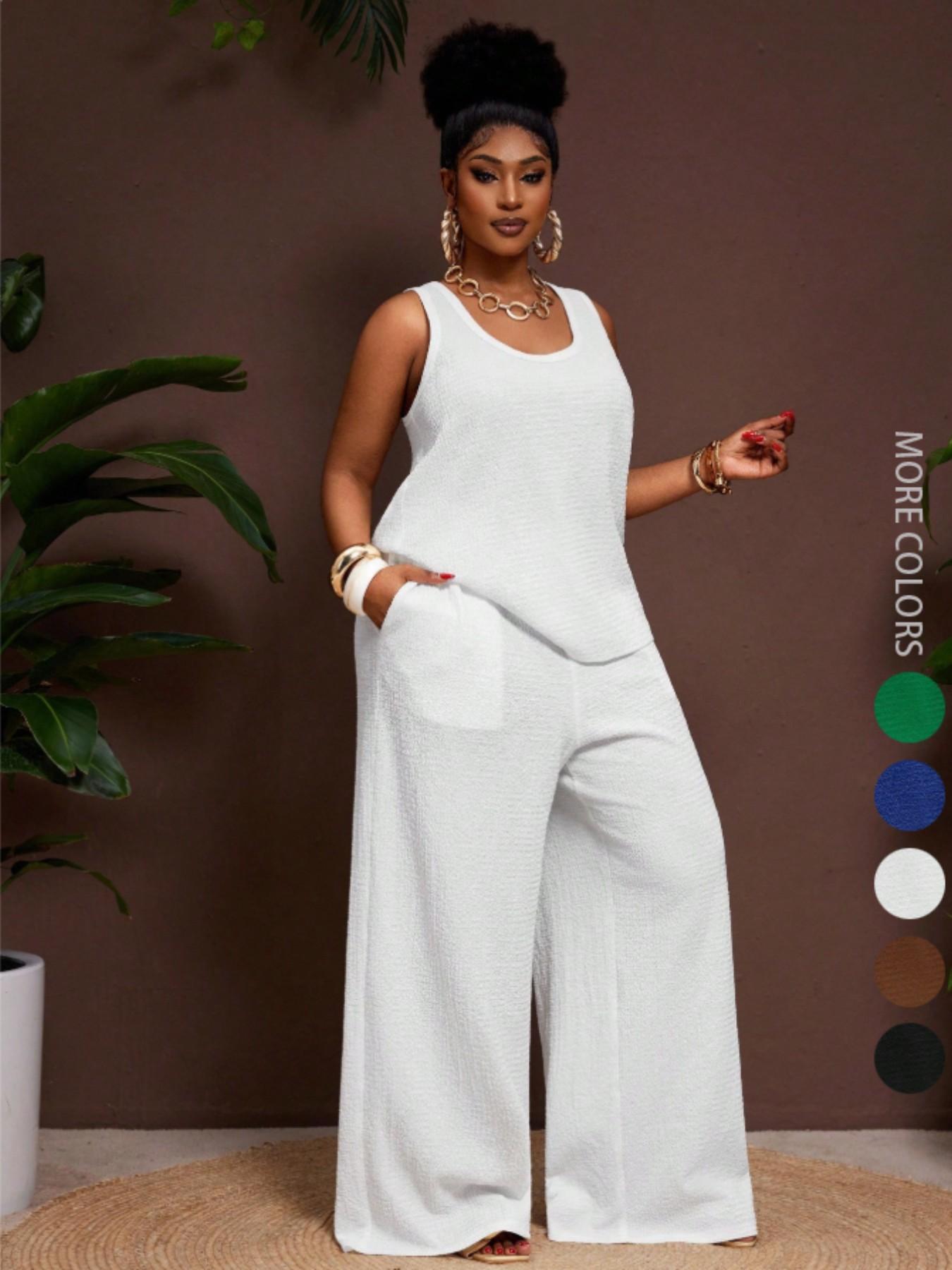 Women's Plus Size Womenswear Fashion Business Casual Vacation 2-Piece Set, Comfortable U-Neck Sleeveless Top with Pockets, Loose Fit Wide Leg Pants Clothes
