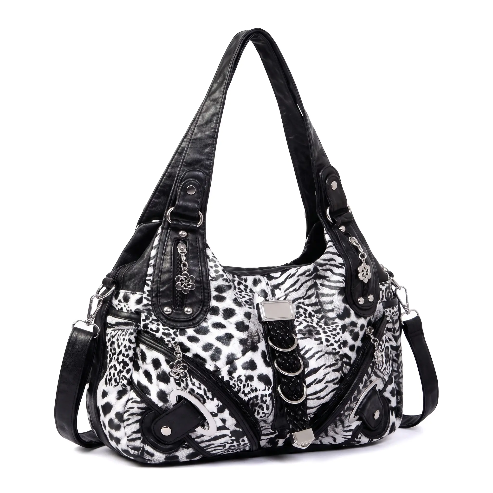 Trendy Y2K Grunge Animal Print Slouchy Hobo Bag For Women Alt Fashion Multi Pocket Crossbody Handbag Maximalist Studded Large Shoulder Purse For Campus Streetwear Weekend Festivals Everyday Essential