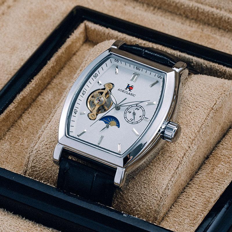 Luxury Automatic Mechanical Watch for Men, Analog Dial, Leather Strap, Moon Phase Display, Minimalist Barrel Design, No Battery Needed
