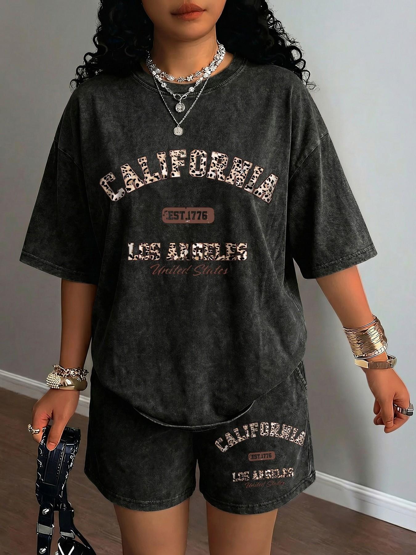 2-Piece Leopard Print Letter CALIFORNIA Washed Distressed Short-Sleeve Round Neck Top and Shorts Set Outfit - American Retro Vintage Chic Style, Available in Multiple Colors, Loose and Casual, Perfect for Lazy Night Out or Outings