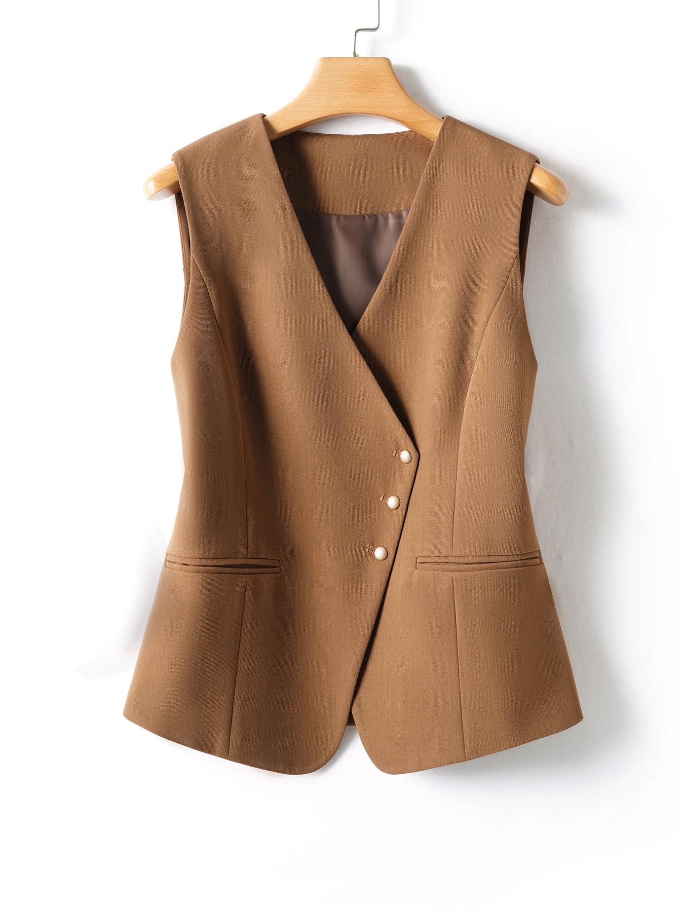 Women's Solid V Neck Button Front Fitted Blazer Vest with Pockets, Casual Sleeveless Vest for Work Office Business, Ladies Spring & Fall Clothes