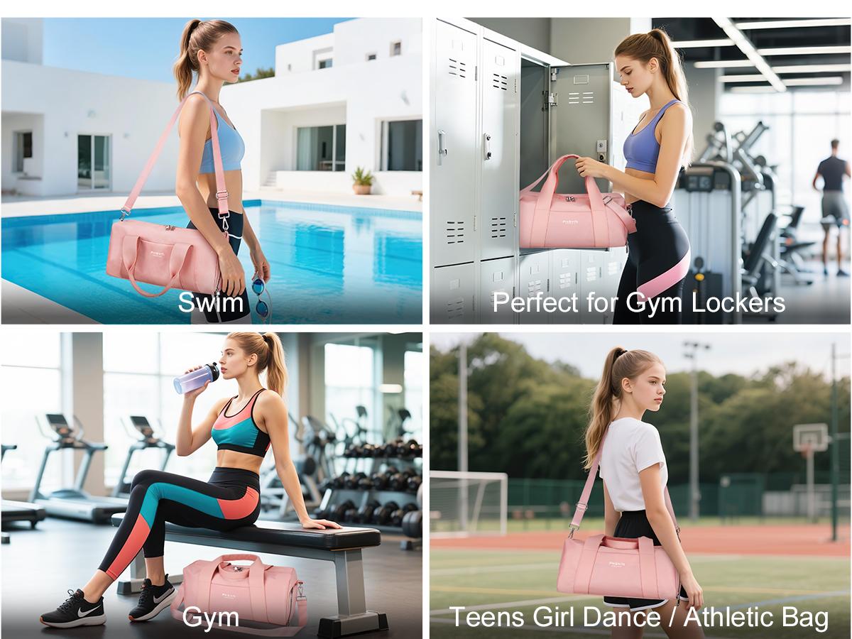 Small Gym Bag for Girls Kids,Sport Duffle Bag for Women Fitness Workout, Travel, Dance, Ballet, Swim with Shoes Compartment & Waterproof Pocket,Easy Carrying Pu Leather Handle (16"-Small)