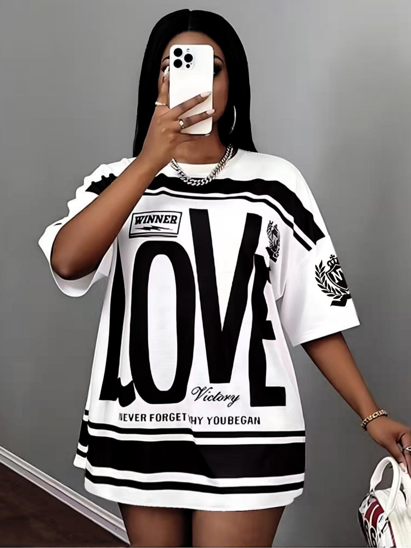 Plus Size Women's Street Style Colorblock Short Sleeve Top, Love Letter Print with Text and Striped Elements, Loose Fit, Comfortable Fabric