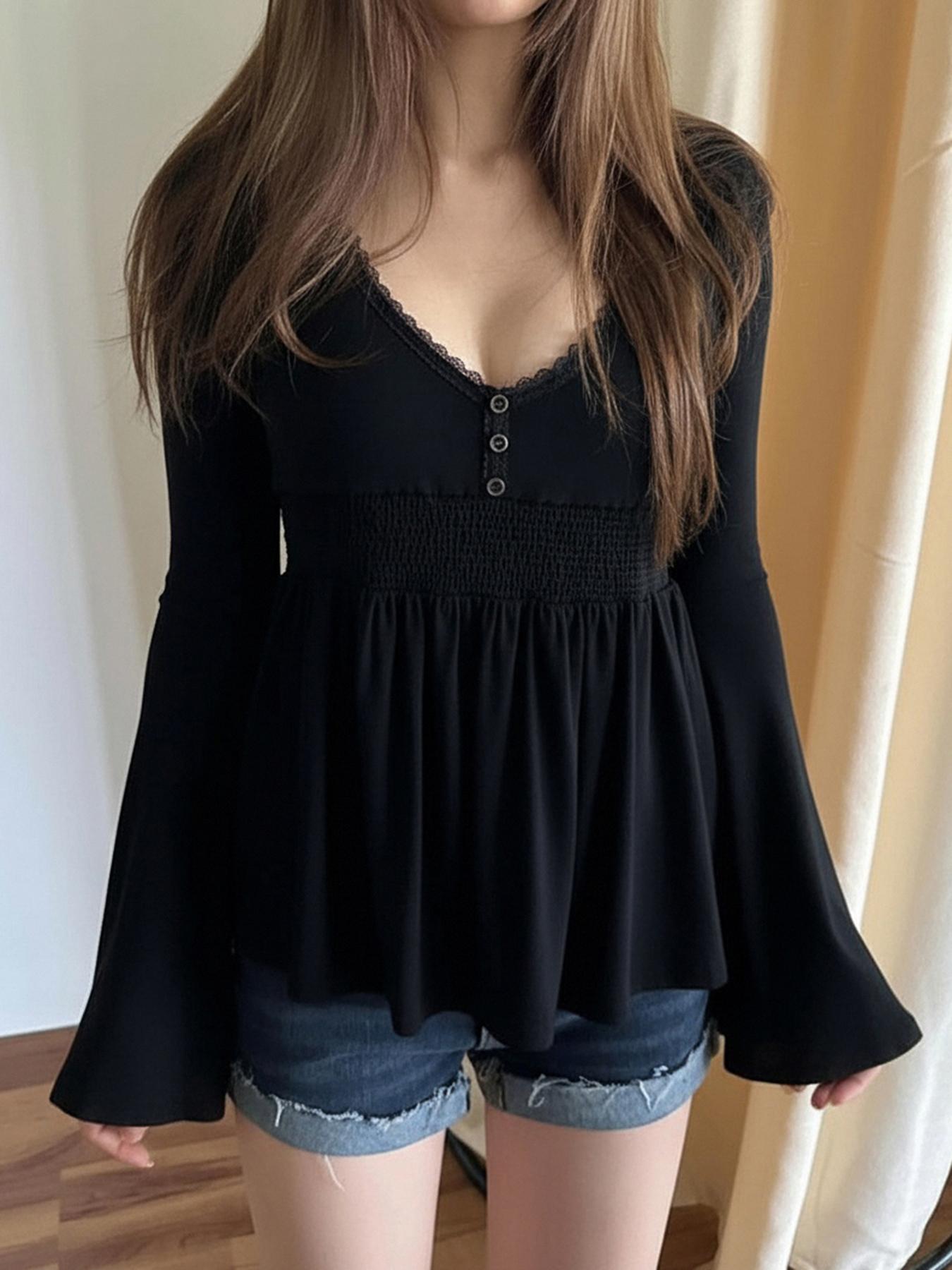 Lace Trim V Neck Flare Sleeve A-Line Top, Y2K Casual Solid Color Long Sleeve Basic T-Shirt, Women's Fashion Clothing