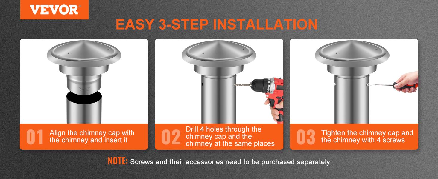 VEVOR Chimney Cap, 6 inch, 304 Stainless Steel Round Roof Rain Cap, 11.81-inch Increased Caps, All Weather Reinforced Screws Easy Installation, for Perfect Insulation Vent Cover Outside, Silver