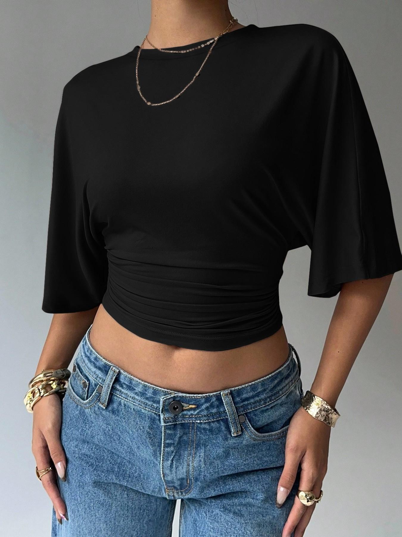Women's Summer Basic, Simple Stylish Batwing Sleeve Ruched Short Top T-shirt, Relaxed Hem Soft Elastic T-shirt, Trendy Y2K Stretchy Knitted Crew Neck Top, Womenswear