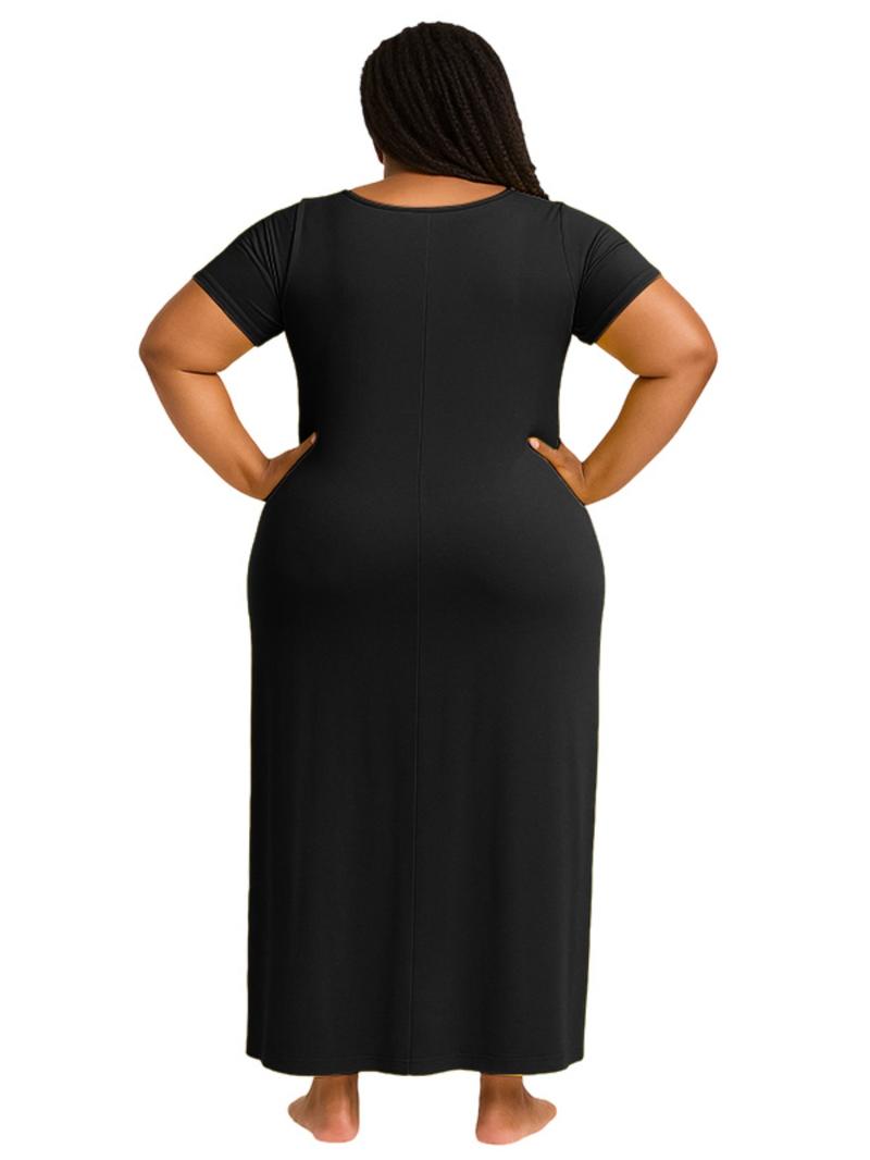 Plus Size Women's Solid Color Dress, Sexy Round Neck Short-Sleeved Long Dress, European and American Summer New Arrival, Casual Style