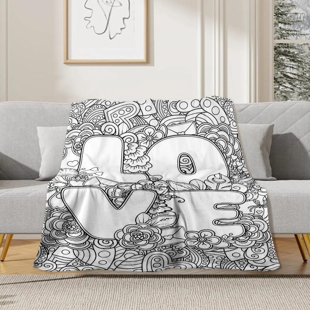Colorable Printed Flannel Blanket - Digital Abstract Art Graphic Design, Soft Throw, Breathable Cozy, Decorative, Portable (Markers Not Included) - Suitable for Sofas, Travel - Ideal Birthday Gift, Decorative Blankets, Portable Throw Blanket