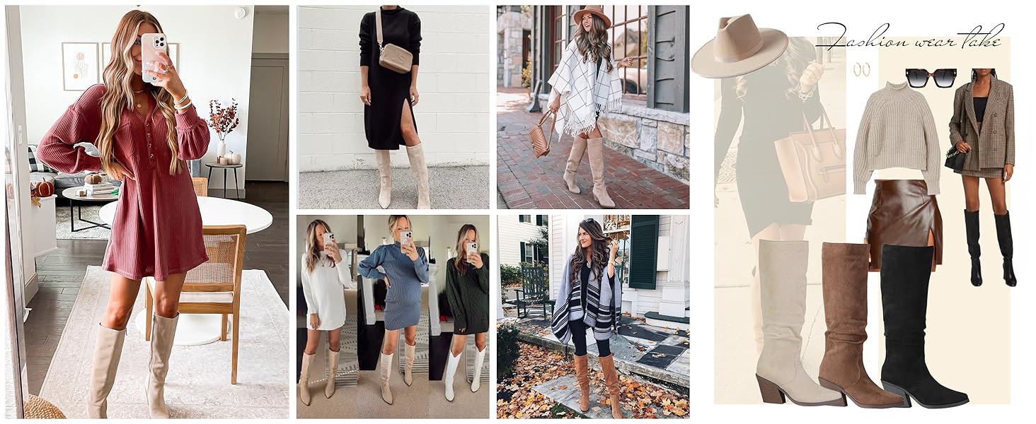 Women's Pointed Toe Knee High Boots Faux Suede Stacked Chunky Heel Boots Side Zipper Slouchy High Boots