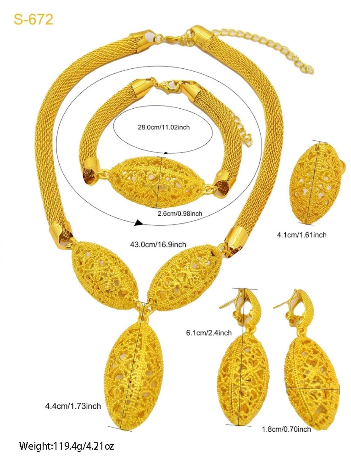 4 pieces  set of Middle East Arab women's fashion jewelry set elegant jewelry set Necklaces Earrings Set gold-plated luxury hollow oval ring necklace earrings bracelet adjustable bridal wedding jewelry suitable for wedding party banquet accessories.