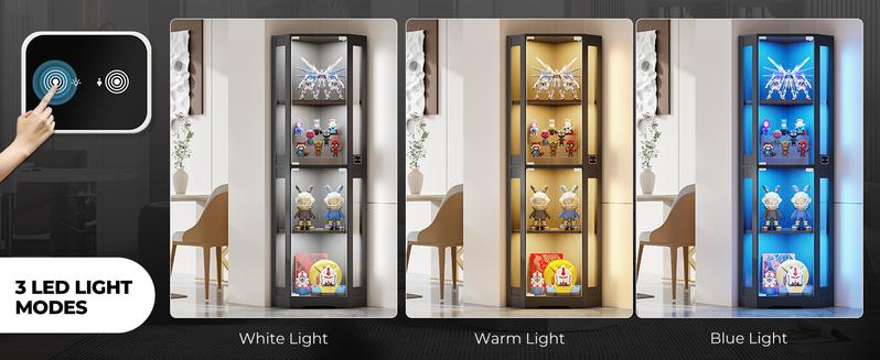 BROTTAR 65" Corner Glass Display Cabinet with LED Lights, 4-Tier Showcase Display Case with Glass Doors & Human Body Sensor for Collectibles, Toys, Liquor, Black/White