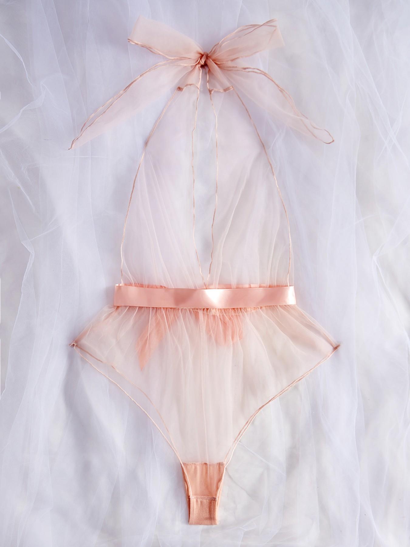 Elegant Sheer Mesh Halter Jumpsuit, Satin Bow Ruffle Decor, Luxurious Bedroom Sleepwear for Women, Sexy Slim-Fitting Design