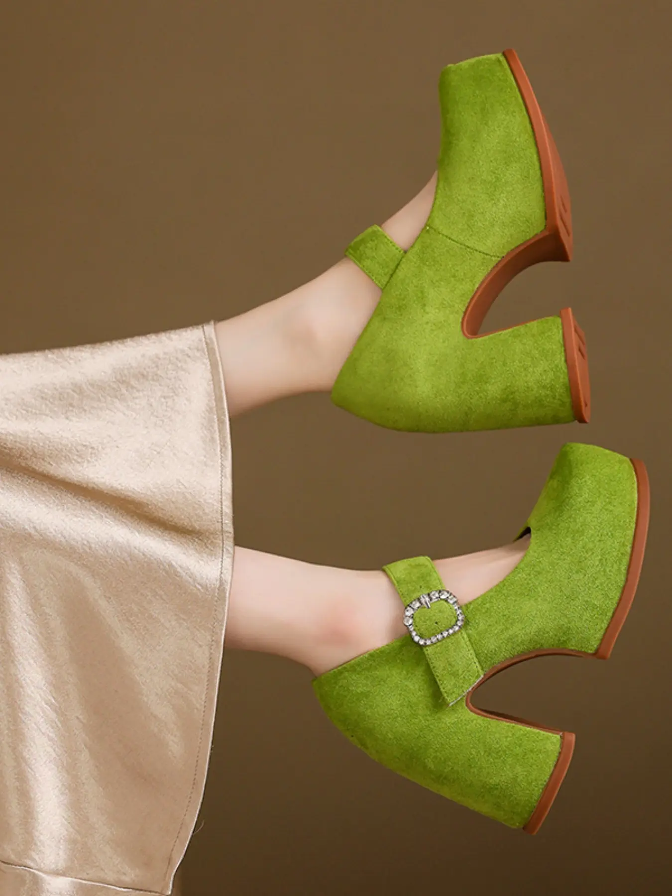 Wedding Shoes for Brides, Rhinestone Buckle Thick Sole Mary Jane Shoes, Tall Heel Round Toe, Perfect for Dresses and Daily Wear