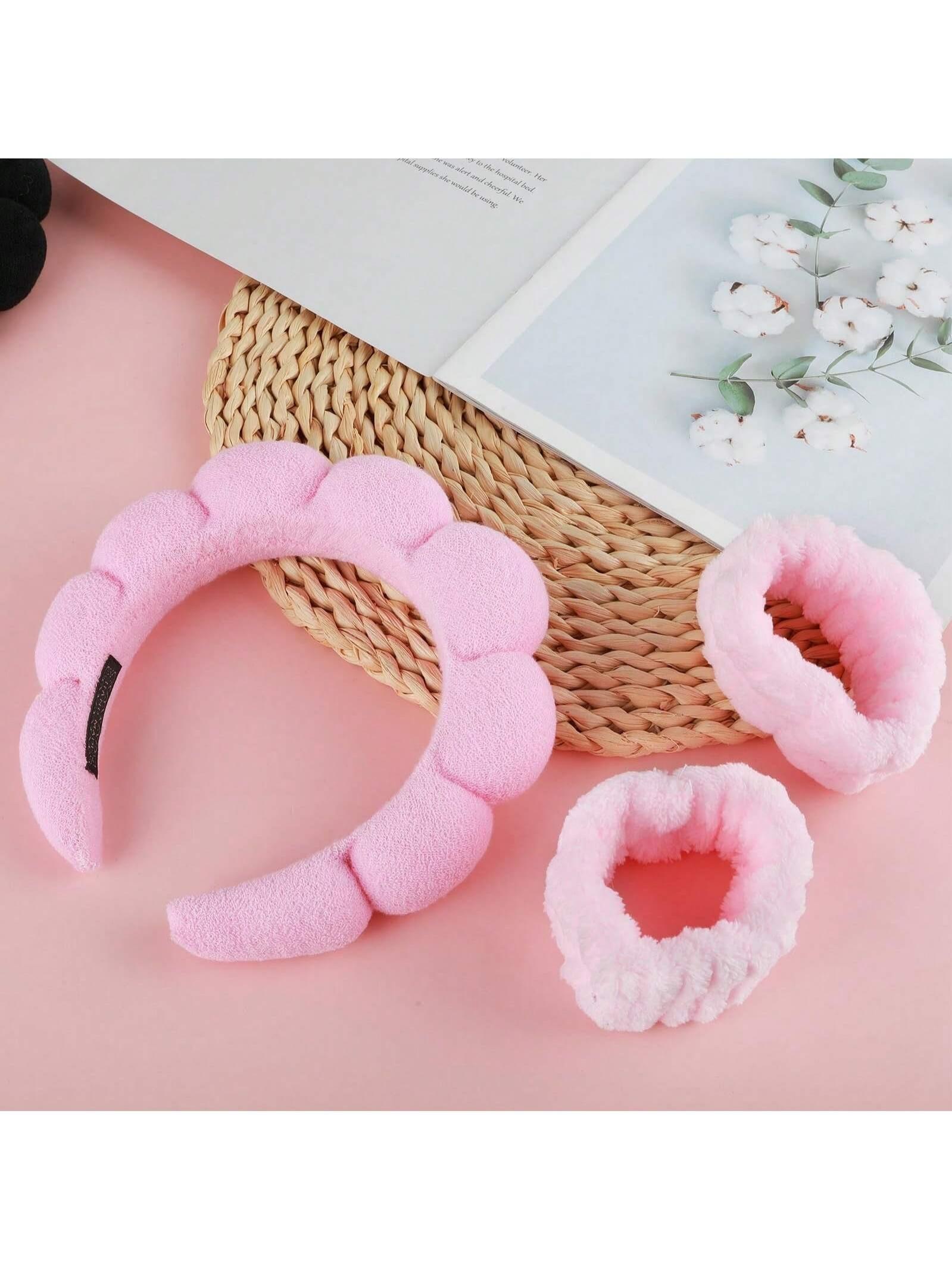 1 Face Washing Headband, 2 Face Washing Wrist Straps, 3 Set Of Hydrotherapy Headbands, Makeup, Face Washing & Skincare Headbands, Pink Velvet Sponge Headbands, Soft Headband