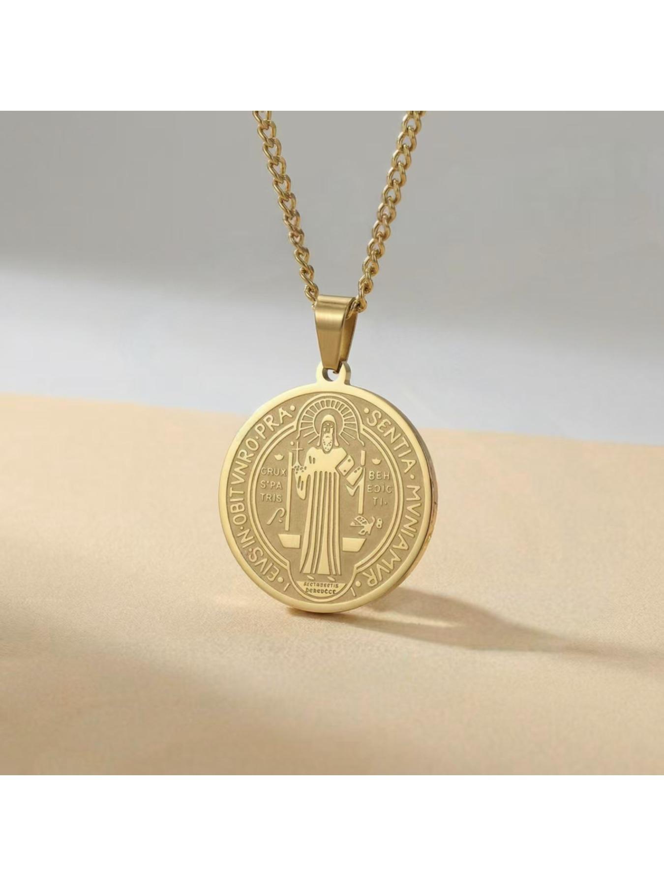Vintage Engraved Coin Pendant Necklace, Titanium Steel Non-Tarnish Chain, Hip Hop Streetwear Jewelry