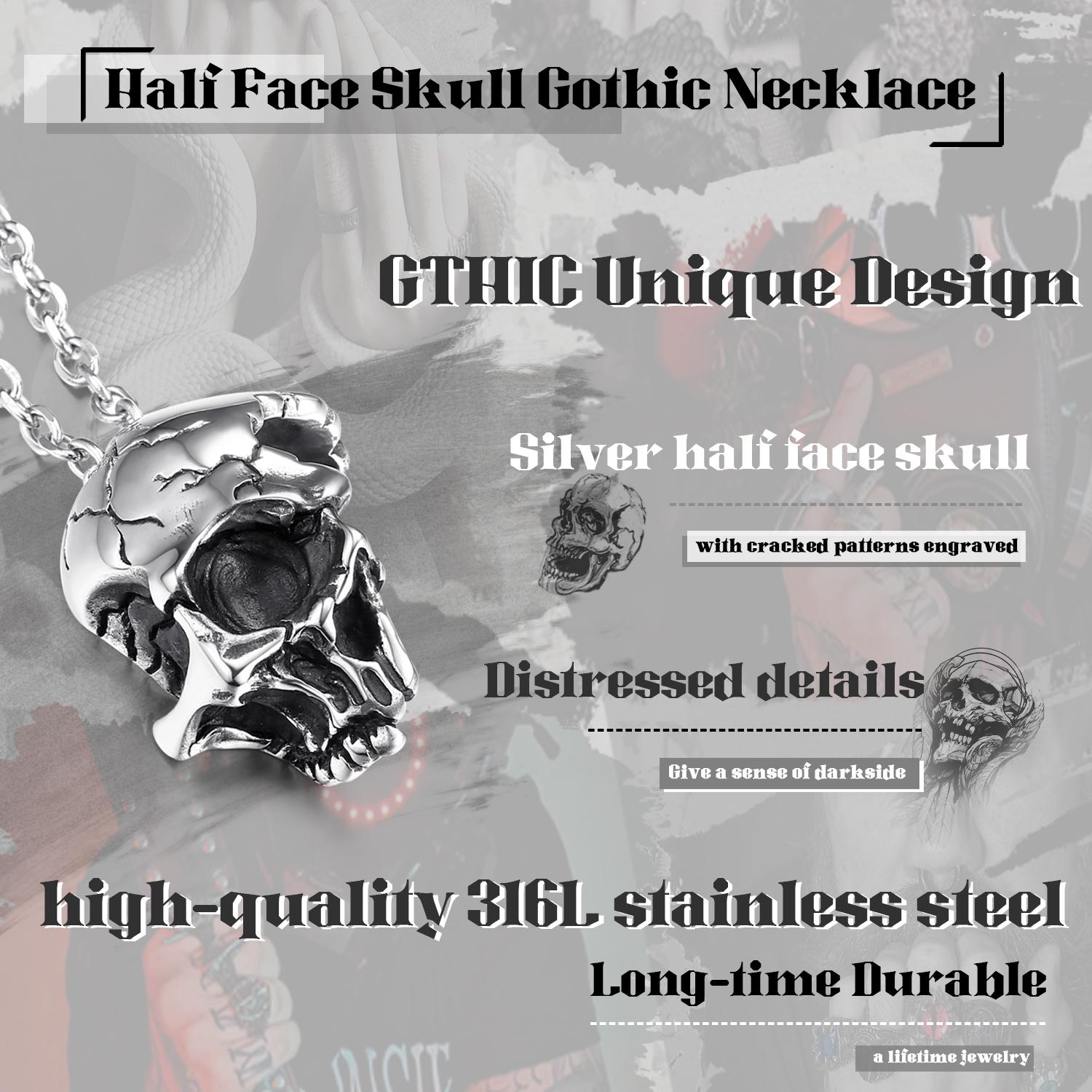 GTHIC Gothic Damaged Half Face Skull Stainless Steel Pendant Necklace For Men Women Birthday Mother's Day Gift GTHIC Gothic Damaged Half Face Skull Stainless Steel Pendant Necklace For Men Women Birthday Mother's Day Gift