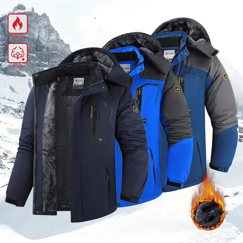 Men's Fleece Lined Winter Outdoor Jacket, Detachable Hood, Color Block Windproof Waterproof Coat, Multi Zipper Pockets, Warm Thick Outerwear for Skiing Hiking Daily Commute