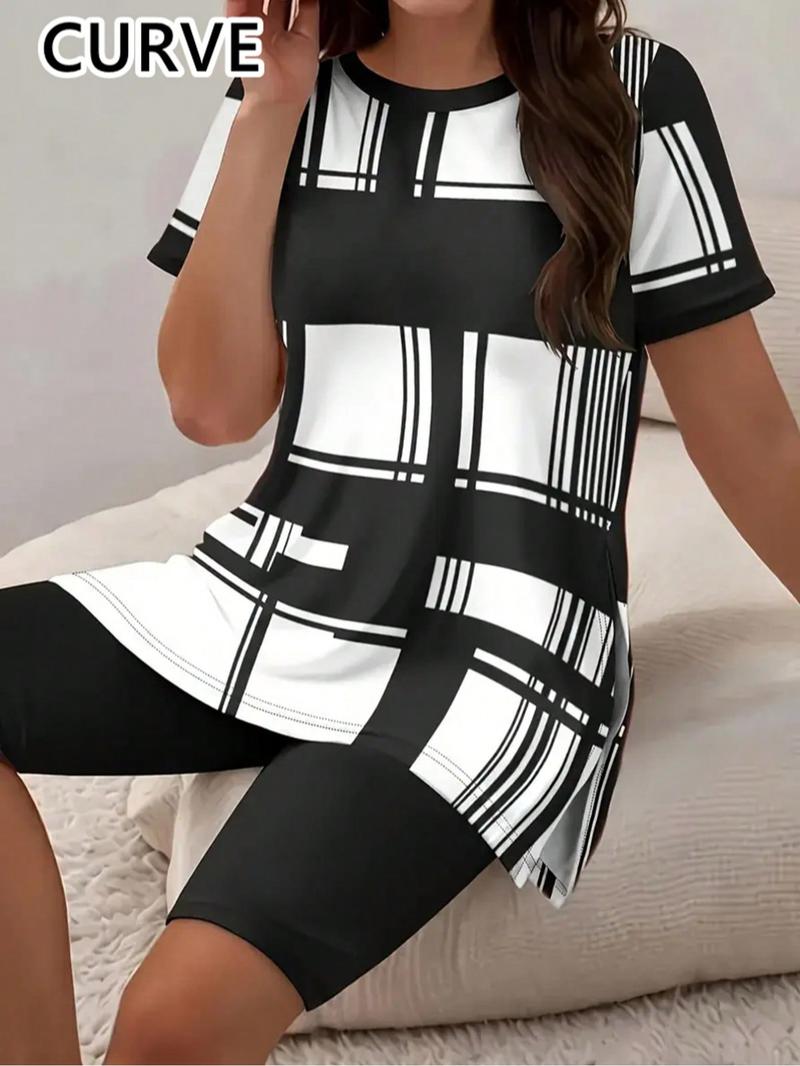 【Plus Size】 Short Sleeve Tee & Skinny Shorts Two-Piece Set, Casual Round Neck T-shirt & Shorts, Women's Outfits for Summer