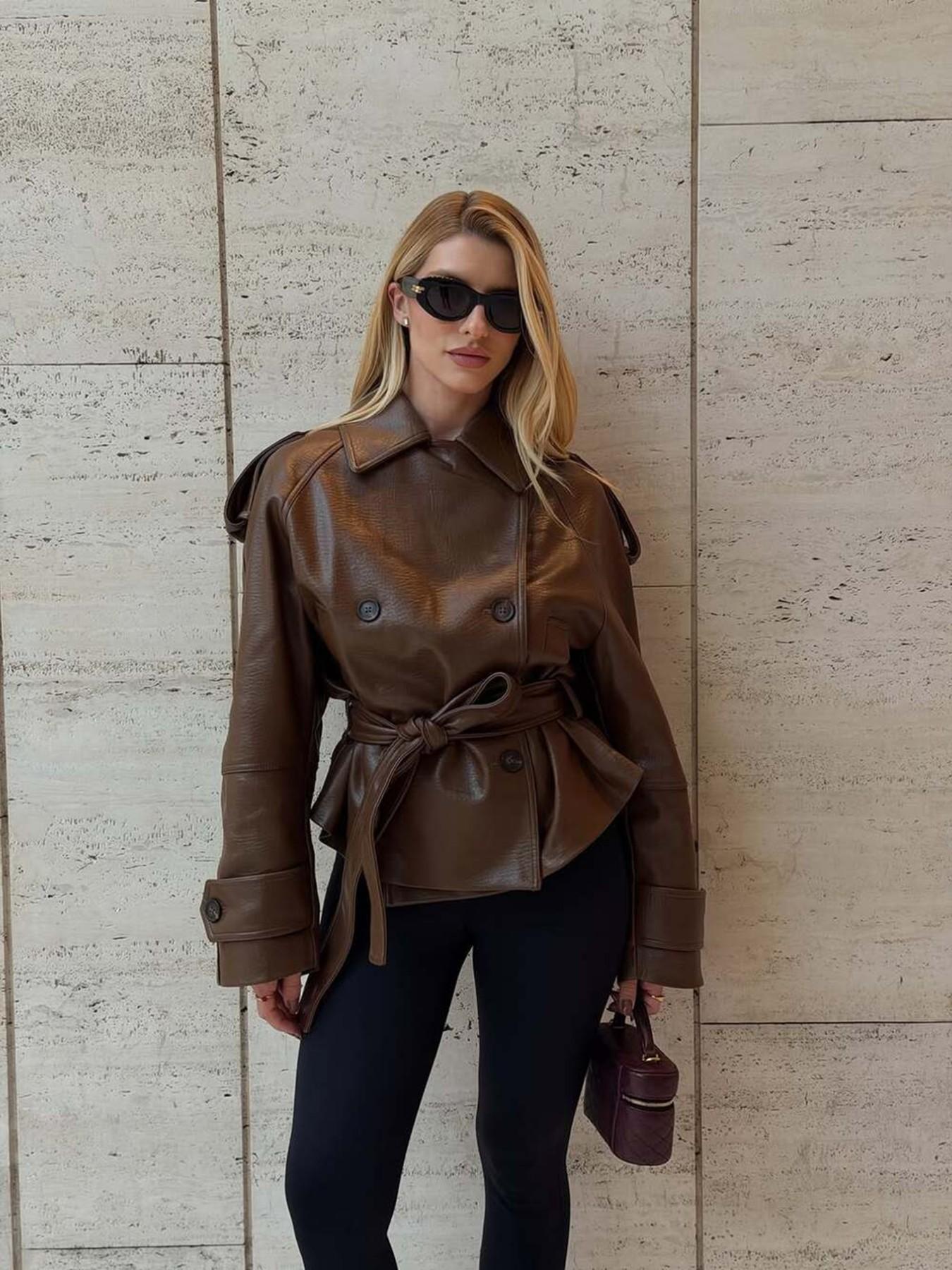 Meadow Style Vintage PU Leather Jacket Women, Belted Waist Turn-Down Collar, French Retro Double Button, Loose Fit Short Coat