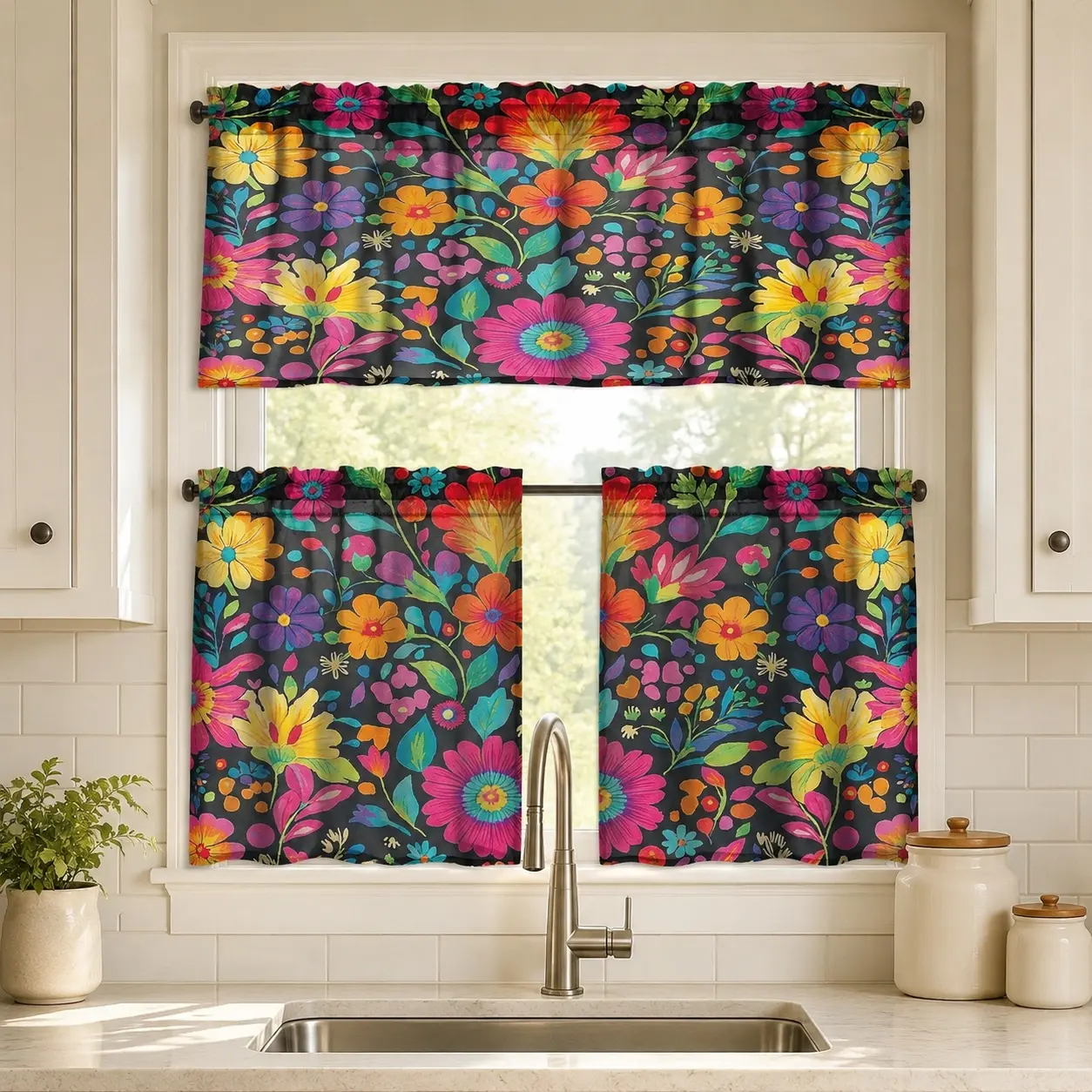 Made in USA 1-2 Piece Modern Mexican Semi-Sheer Polyester Window Curtains - Black Boho Vintage Floral Folk Art Print, Cordless Pet-Safe Easy-Care Colorful Drapes for Kitchen, Living Room, Small Window Curtains, Black Curtains
