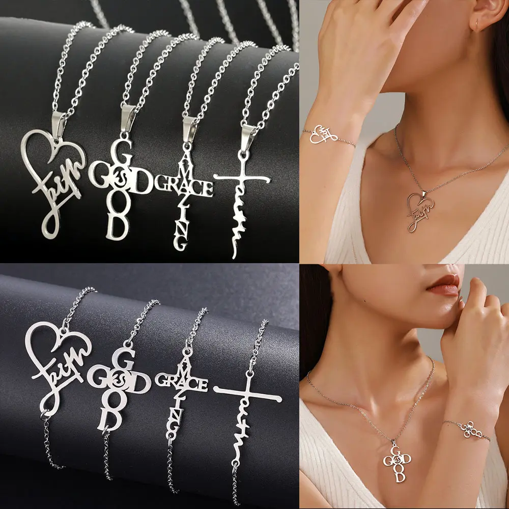 16Pcs Vintage Women Men Stainless Steel Necklace & Bracelet And Earring Set Chic Inspirational Faith Alphabet & Grace Pendants Necklace Adjustable Minimalist Hollow Pendant Chain Daily Wear & Holiday Party Jewelry Valentine's Day Gift