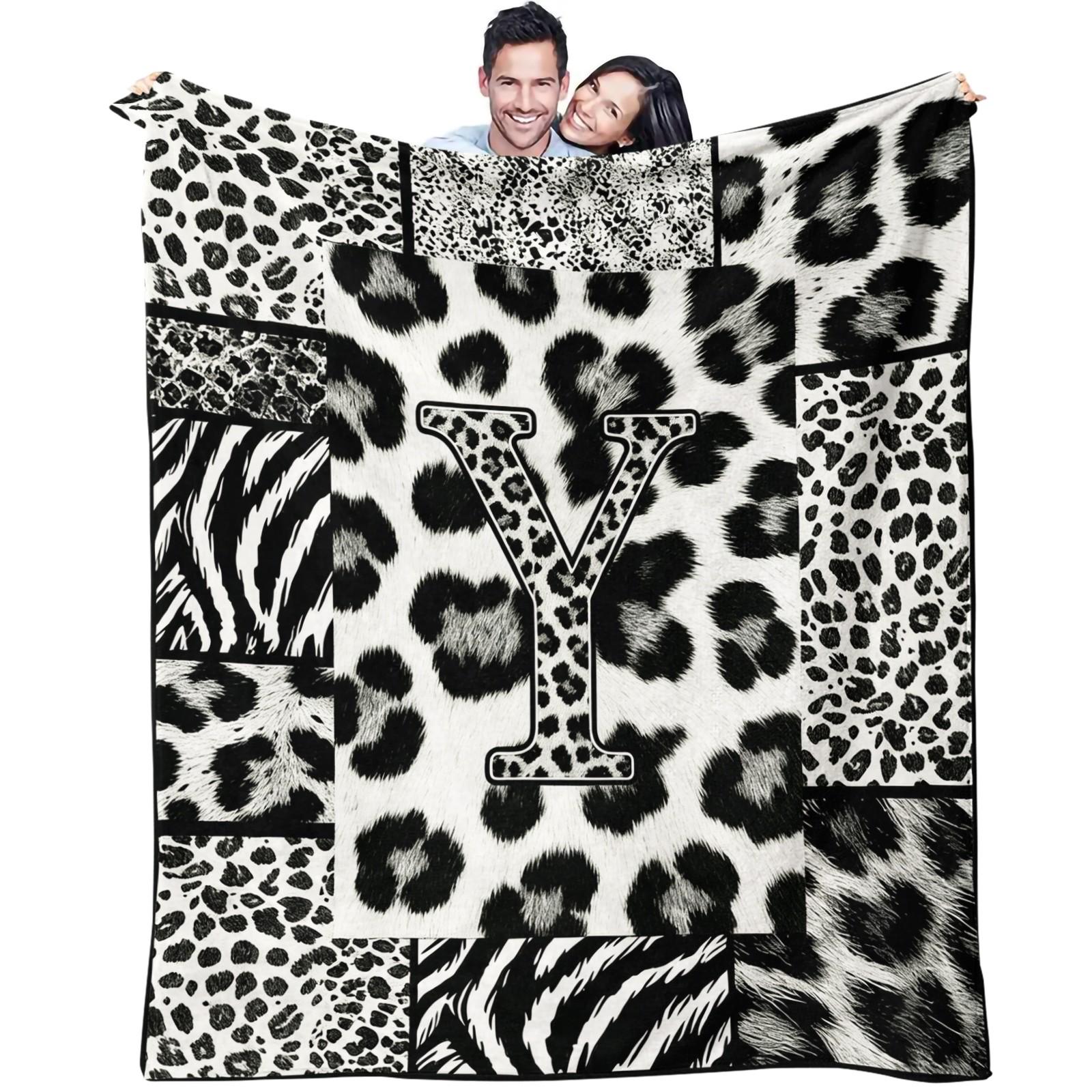 Custom Initial Animal Print Throw Blanket, Trendy Patchwork Visual Impact, Skin-friendly Breathable Lightweight, Perfect for Rental Bedroom Daily Use