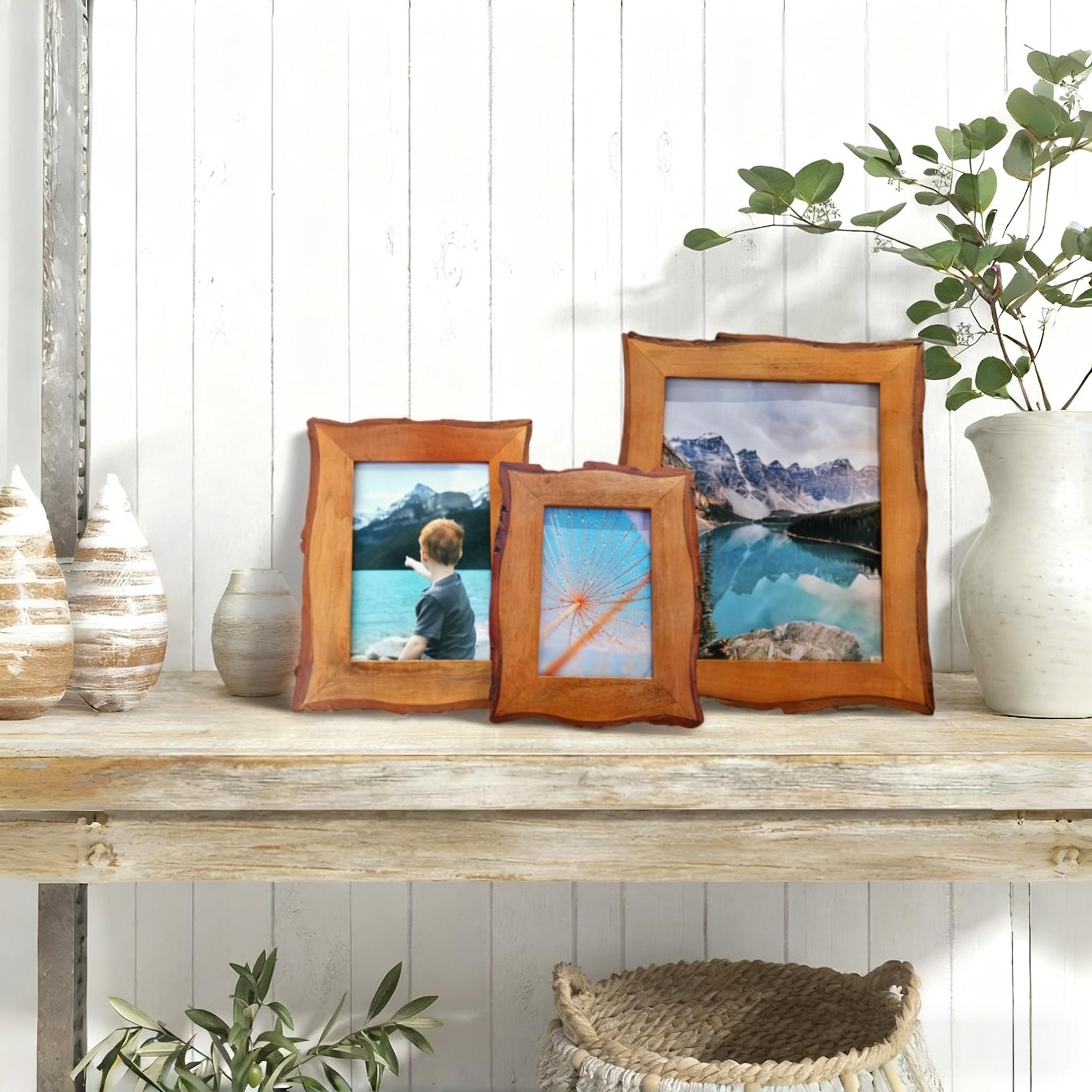 1 Pack 8x10 Picture Frame Rustic Brown, Solid Wood Picture Frame with Bark Edges & Real Glass Cover, Vertical/Horizontal Tabletop or Wall-Mounted Photo Frame, Farmhouse Decor, Living room and bedroom Decor, for Christmas Home Decor, Wavy Edge Design