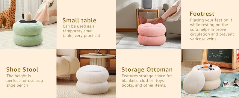 Storage Ottoman,Soft Teddy Velvet Upholstered Footrest,Mordern Round Footstool with Macaron Shape,Side Tabble and Plant Stands for Living Room,Hallway,Bedroom