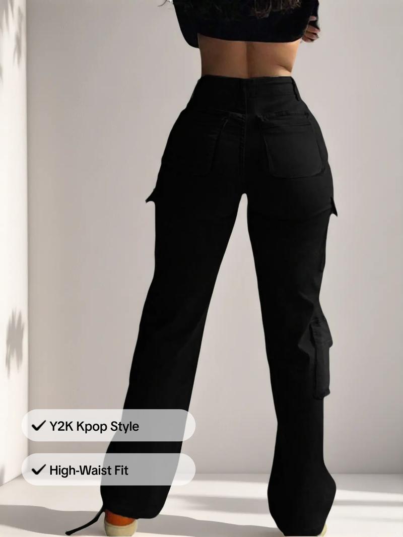 GILIPUR Y2K Women's Plain High Waist Cargo Pants, Street Fashion Comfortable Cargo Pockets Design Trousers for Daily Wear, Ladies Bottoms for All Seasons  Kpop Style Streetwear Pocket Design Lady Loose Clothe,Cotton Clothing