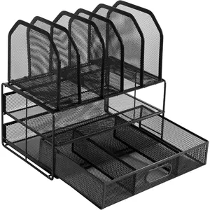 Basics Mesh Desk Organizer with Sliding Drawer, Double Tray and 5 Upright Sections, File Holder for Office Supplies, Paper Letter Tray, Black