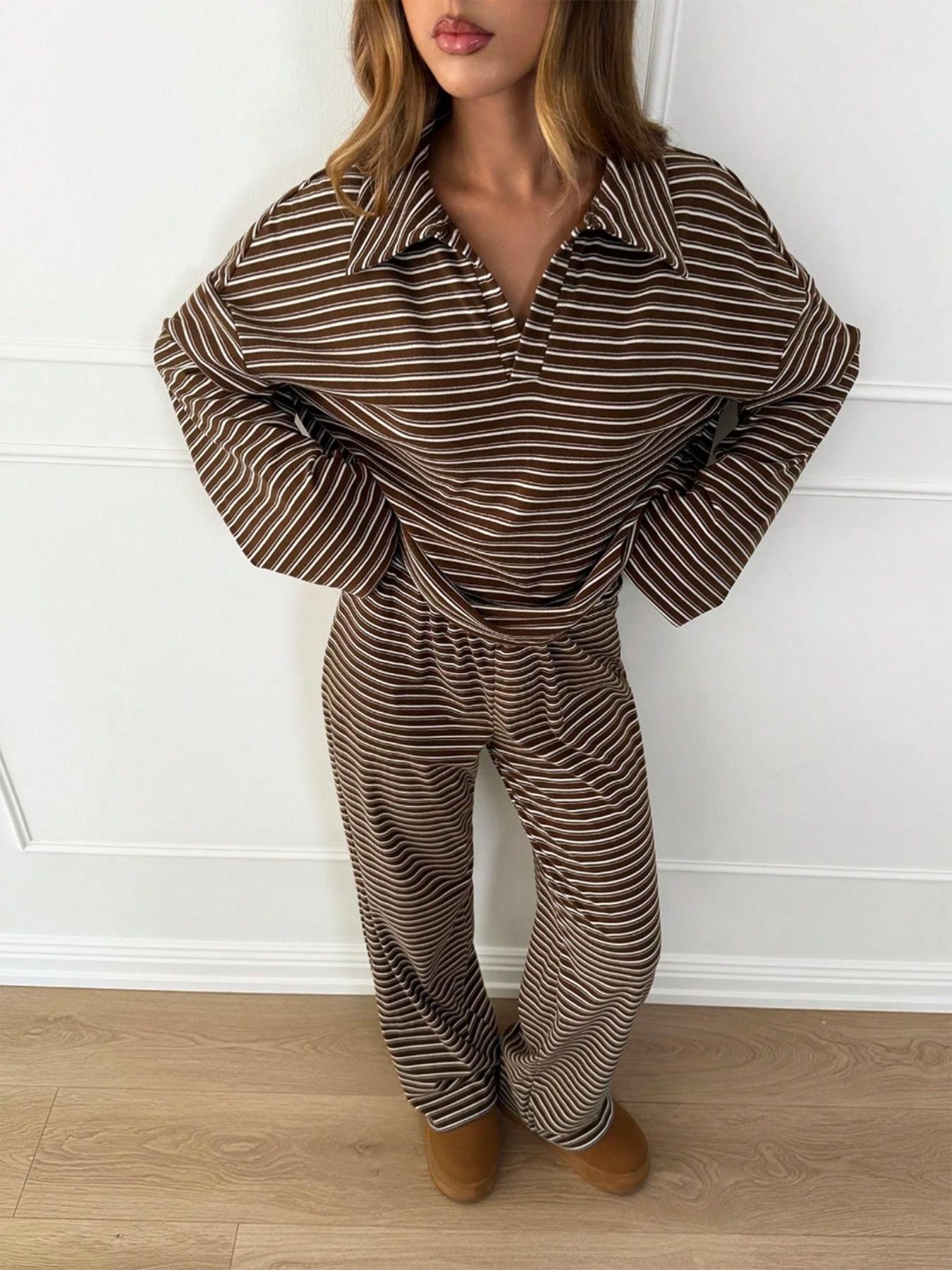 Women's 2pcs Set Loose Striped V-Neck Drop Shoulder Long Sleeve T-Shirt &Elastic Waist Striped Pants, Brown, Casual Sets For Women, Pajamas Set, Sleepwear Loungewear, Casual Sets For Women Brown Two Piece Set Women Women's 2pcs Set Loose Striped V-Neck Drop Shoulder Long Sleeve T-Shirt &Elastic Waist Striped Pants, Brown, Casual Sets For Women, Pajamas Set, Sleepwear Loungewear, Casual Sets For Women Brown Two Piece Set Women