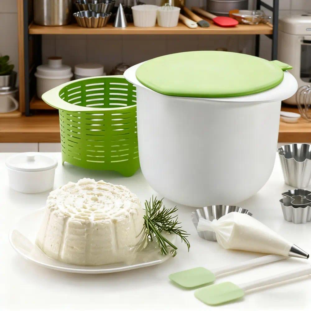 Cheese-Making Kit Featuring a Mold Set, a Tofu Press with a Filter Drain, And User-Friendly Supplies for Crafting Cheese at Home, Including a Green Cheese Mold Stamper