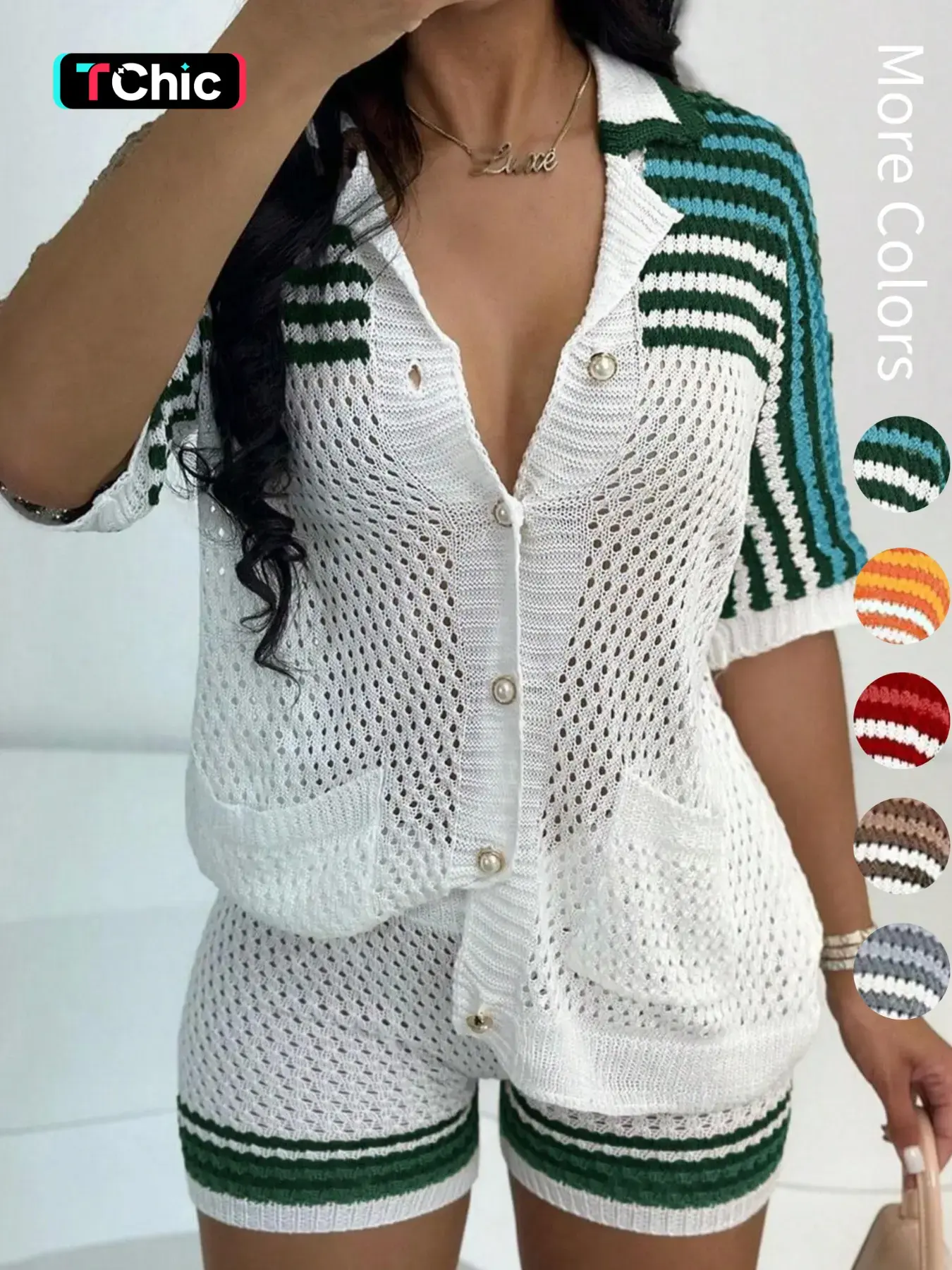 Women's Striped Design Knit Sweater & Shorts Two-piece Set, Casual Short Sleeve Top & Shorts, Ladies Summer Outfits