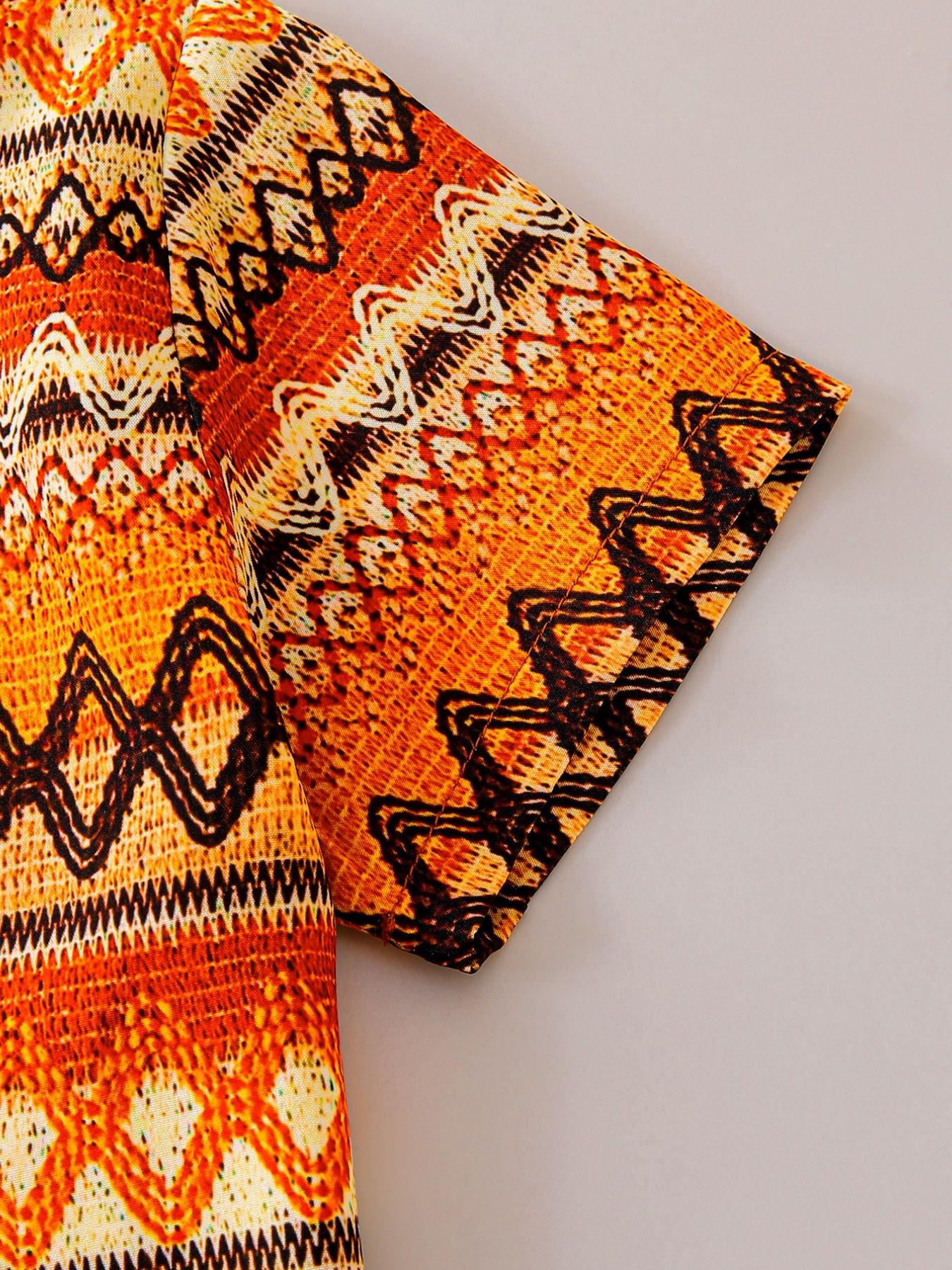 Boys Summer New Set, Button-Up Shirt with Geometric Patterns + Woven Texture Vacation Style Digital Print Casual